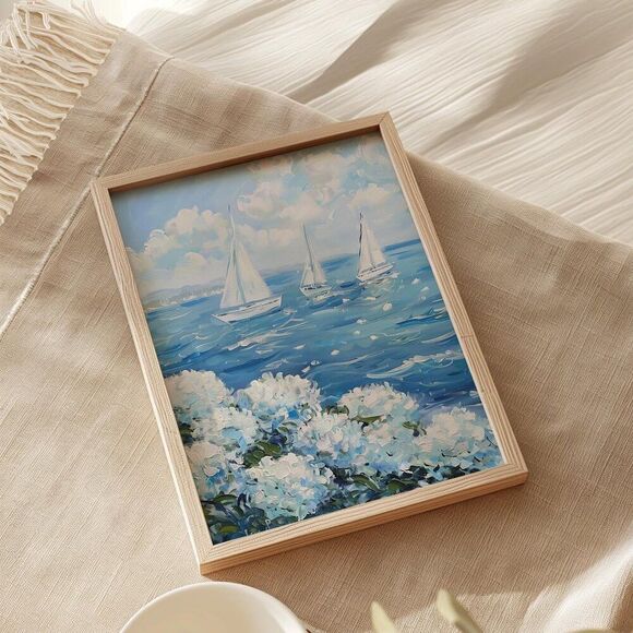 NWT Ocean with Sailboat and white Hydrangeas Art Pint Poster - Picture 2 of 10